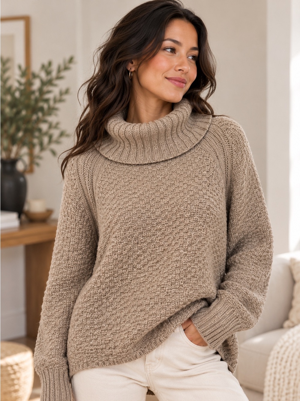 Hilary Radley Taupe Cowl-Neck Textured Knit Sweater